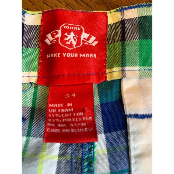 PJ Mark Plaid Green Blue Yellow Baggy Hip Hop Flat Front Shorts Size 34 - Picture 3 of 6